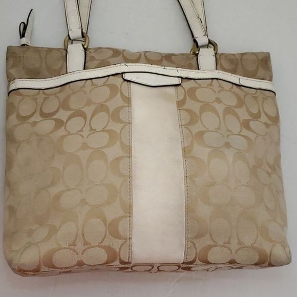 12CM COACH SHOULDER TOTE BAG KHAKI IVORY SIGNATURE JACQUARD HANDBAG PURSE WOMENS - Picture 12 of 13